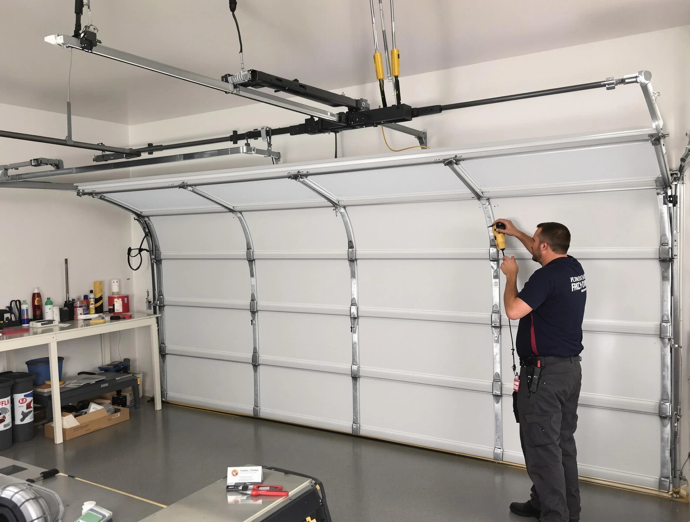 Chamberlayne Garage Door Repair certified technician performing overhead door system repair in Chamberlayne