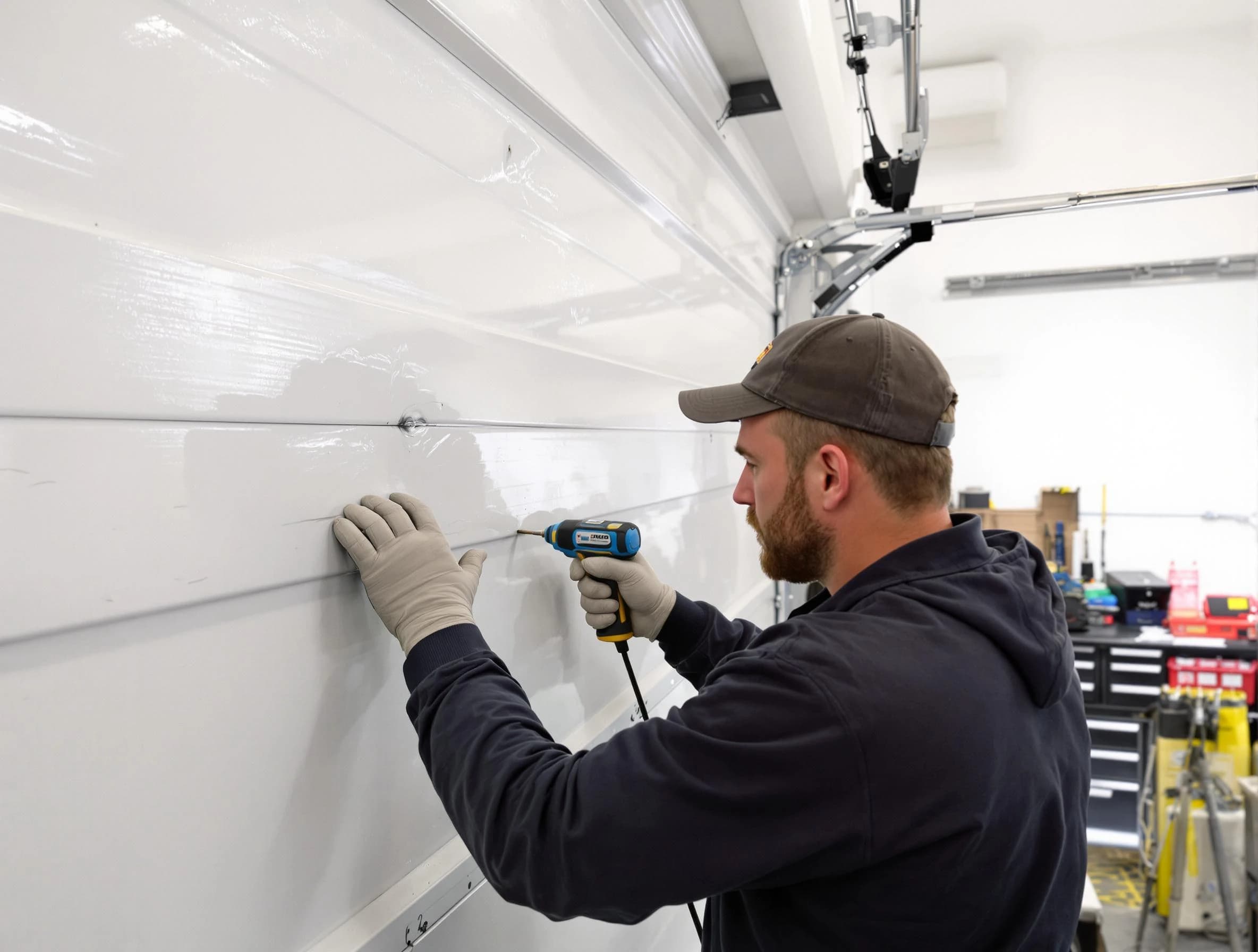 Chamberlayne Garage Door Repair technician demonstrating precision dent removal techniques on a Chamberlayne garage door